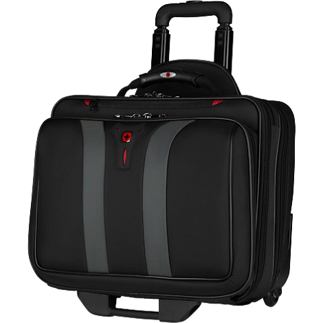 Black rolling laptop bag with gray accents, red logo, and extendable handle.