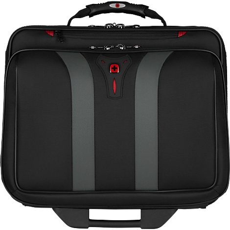 Black trolley laptop bag with grey stripe design, red logo and handle.