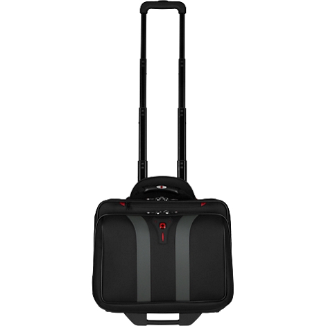 Black laptop bag with telescopic handle and gray stripes. Red accents.