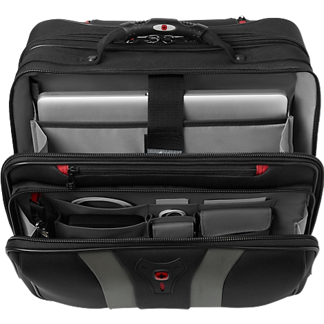 Open black laptop bag. Inside is a laptop, cables and accessories. Grey and red accents.