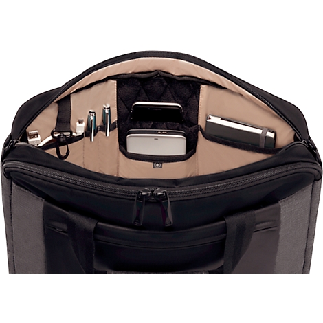 Sac noir avec compartiments ouverts. Smartphones, stylos, chargeur.