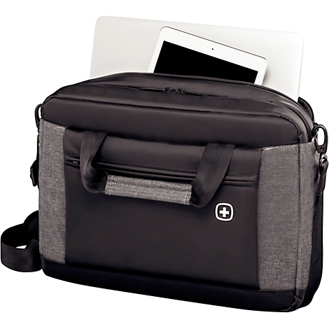 Sacoche pour ordinateur portable noire avec garniture grise, ordinateur portable et tablette à l'intérieur.