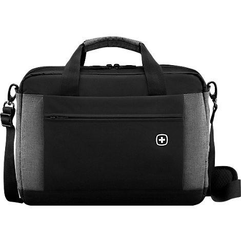 Sacoche pour ordinateur portable noire avec poignée, bandoulière et poches zippées. Un logo de croix suisse est visible.