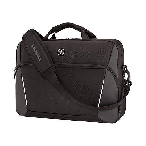 Schwarze Laptoptasche mit Tragegriff, Schultergurt, Reißverschlüssen und Wenger Logo. Vor weißem Hintergrund.