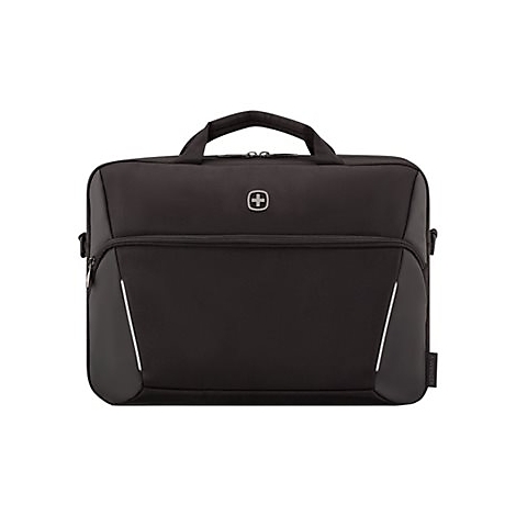 Schwarze Laptoptasche von Wenger mit Tragegriff und Schweizer Kreuz Logo auf neutralem Hintergrund.