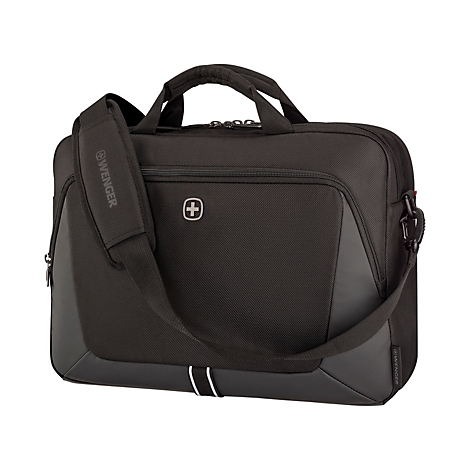 Schwarze Laptoptasche von Wenger mit Schultergurt, Tragegriff und Logo.