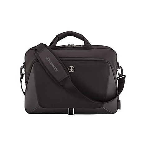 Schwarze Wenger Laptoptasche mit Tragegriff und Schultergurt vor weißem Hintergrund.