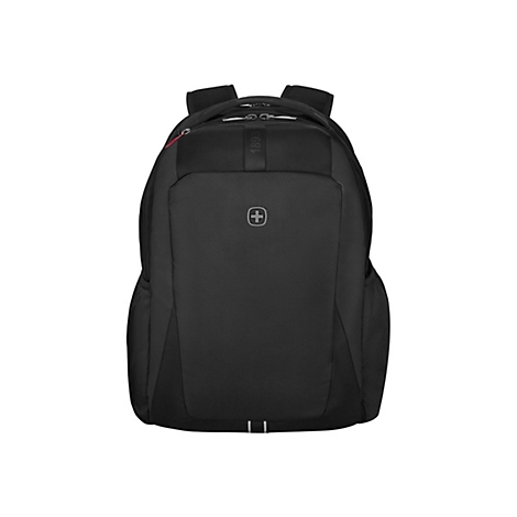 Schwarzer Rucksack mit rotem Reißverschluss und dem Schweizer Kreuzlogo.