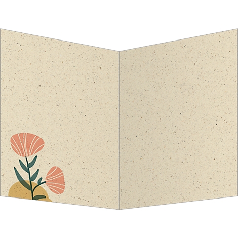 Beige, opengeklapt papier met bloemendecoratie. Twee roze bloemen met groene bladeren en gele achtergrond.