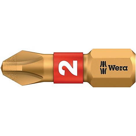 Gold-colored screwdriver bit with red band, inscription "2" and the Wera logo.
