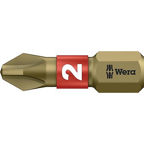 Goldfarbener Schraubbit mit rotem Ring. Auf dem Ring die weisse Zahl 2. Auf dem Ende steht 'Wera'.