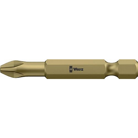 Nahaufnahme eines goldenen Schraubendreher-Bits mit dem Logo "Wera". Das Bit hat eine Kreuzschlitz-Spitze.