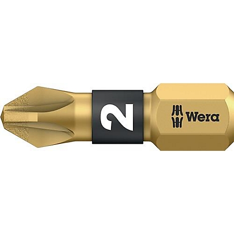 Een goudkleurige schroevendraaierbit met het nummer 2 op een zwarte ring. Aan het einde staat Wera.