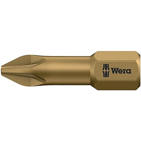 Goudkleurige schroevendraaierbit, merk Wera, met kruiskopschacht en zeskantige schacht.
