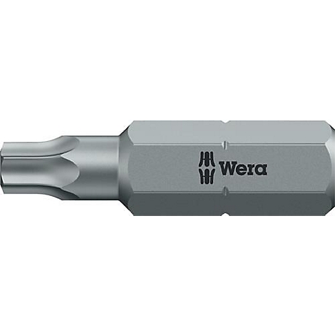 Ein metallener Torx-Bit von Wera. Der Bit hat eine sechseckige Form und das Wera-Logo ist sichtbar.