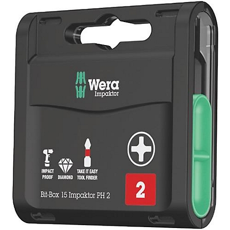 Zwarte bitbox van Wera. Opdruk: "Impaktor", "PH 2", kruis en het nummer 2. Groene accenten.
