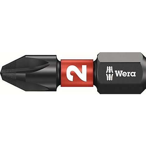 Een zwarte schroevendraaierbit met een rood middengedeelte. Op het rode deel staat het witte nummer "2", daarnaast het "Wera" logo en de letters.