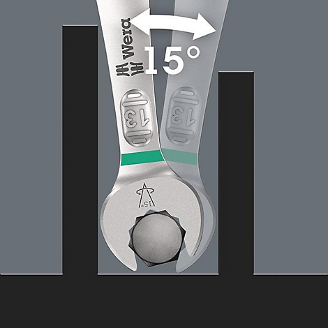 Gros plan d'une clé coudée à 15 degrés. La clé indique "Wera" et "13".
