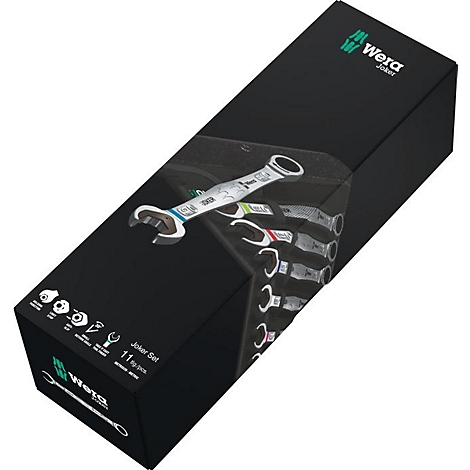 Boîte noire contenant un jeu d'outils Wera Joker. Une sélection des clés incluses est illustrée sur la boîte.
