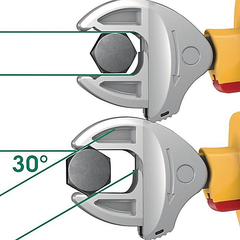 Nahaufnahme einer Zange, die eine Schraube greift. Ein Winkel von 30 Grad ist mit grünen Linien dargestellt.