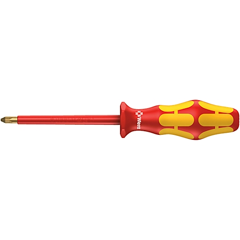 Red screwdriver with yellow-red handle. Tool for repairs and craftsmanship.