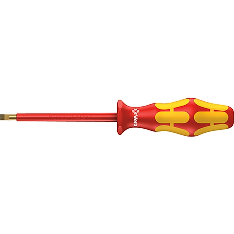 A red screwdriver with a yellow and red handle lies horizontally. The screwdriver has the Wera brand.