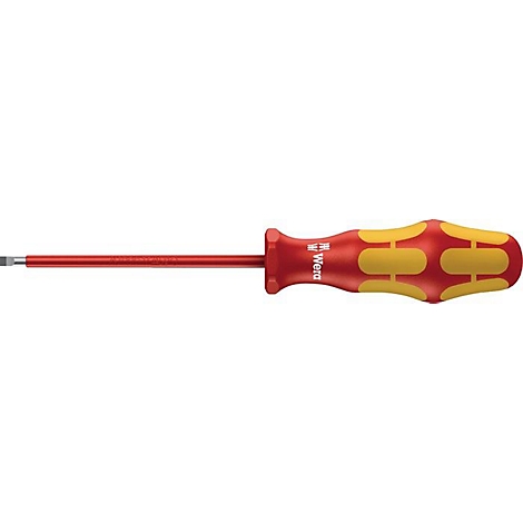 Un tournevis rouge avec une poignée jaune et rouge. Le logo de la marque Wera est visible sur la poignée.