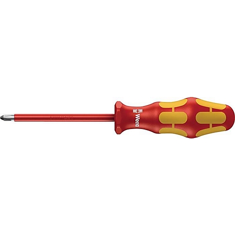 Tournevis rouge avec manche jaune, marque Wera. La poignée est de forme ergonomique. Le nom de la marque est sur la tige.