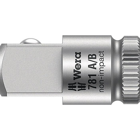 Close-up van een zilveren Wera bit adapter, met de merknaam en productaanduiding.