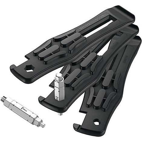 Drei schwarze Reifenmontierhebel mit rutschfester Oberfläche und ein silbernes Werkzeug mit Sechskantanschluss.