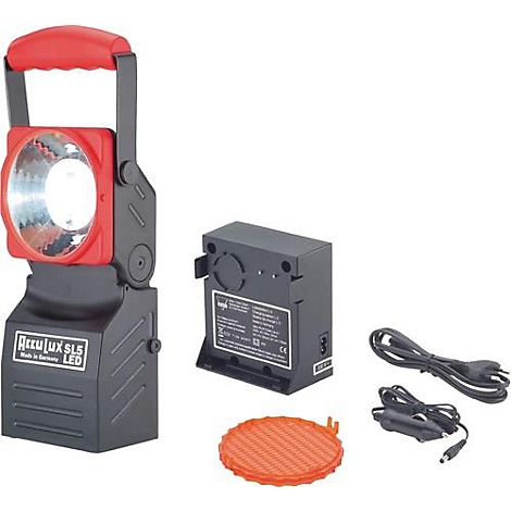 Zwarte en rode werklamp met accessoires zoals batterij, oplaadkabel en oranje deksel.