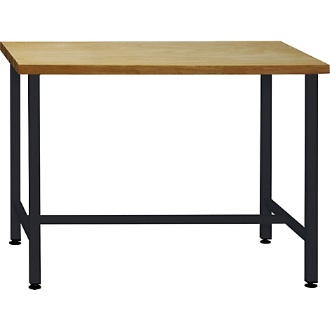 Ein quadratischer Holztisch mit schwarzen Metallbeinen. Die Tischplatte ist hellbraun, die Beine und die Unterkonstruktion sind schwarz.