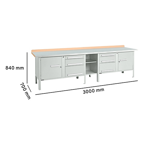 Werkbank met laden en deuren, afmetingen: 3000 x 840 x 700 mm.