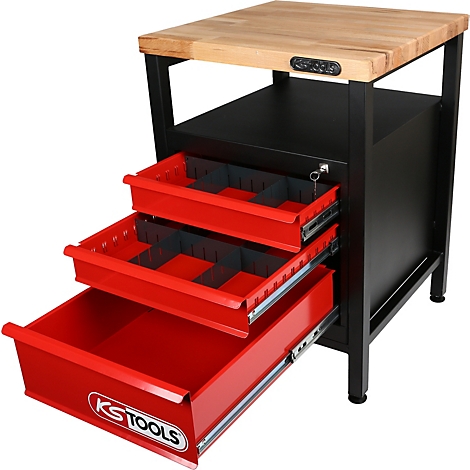 Werkbank mit roter Schublade, KS Tools Logo. Oben Holzplatte, darunter schwarzer Schrank mit ausgezogenen Schubladen.