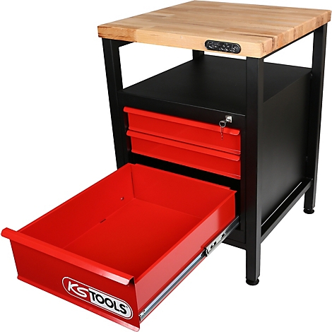 Werkbank mit roter, ausgezogener Schublade, schwarzem Gehäuse und Holzplatte.