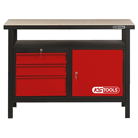 Werkbank mit roter Schubladenseite und roter Tür, KS TOOLS Logo.