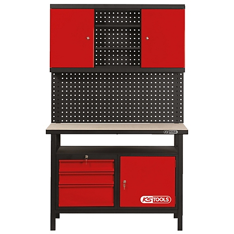 Werkbank mit roter Schublade, Schranktüren, mit KS TOOLS Logo, schwarzem Gestell und Lochwand.