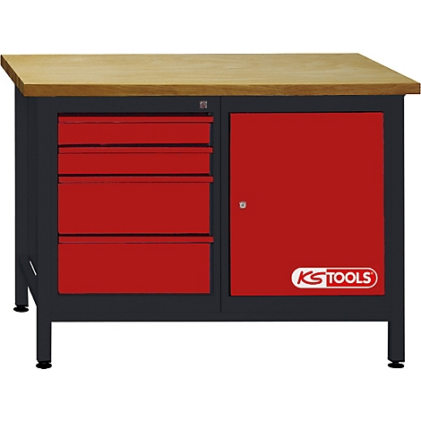 Werkbank mit Holzplatte, drei Schubladen und einem Schrank. Logo: KS Tools.