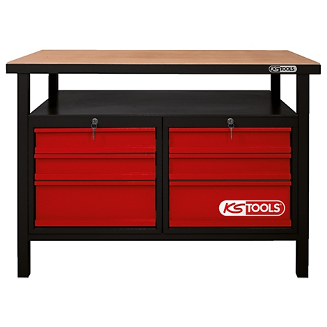 Werkbank mit Holzplatte, roter Schubladensektion, schwarzem Rahmen und Logo.