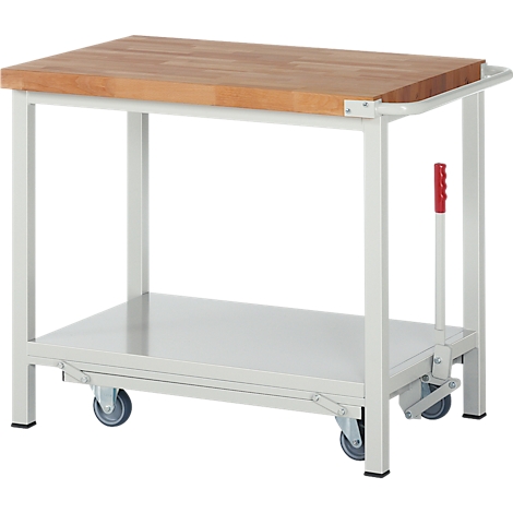 Mobiler Werkbanktisch mit hellgrauem Metallgestell, Holzplatte und einem seitlichen Hebel.