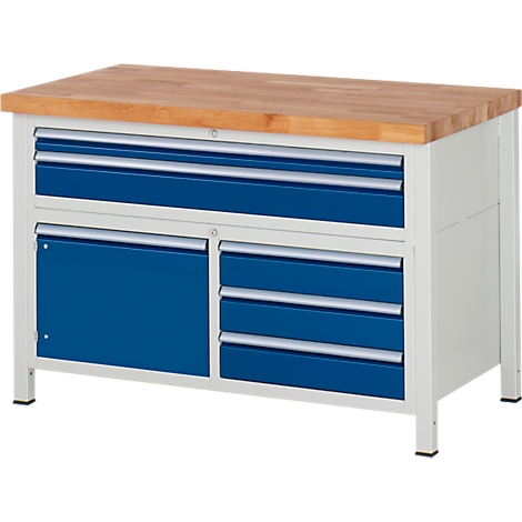 Werkbank met houten blad, blauwe lades en grijs metalen frame.