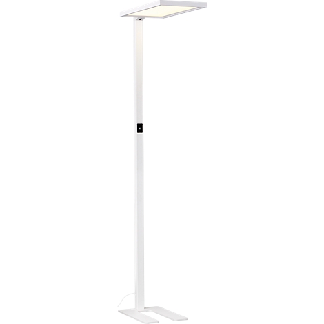 Witte vloerlamp met vierkante lampenkap. Op de kolom zit een zwarte schakelaar, de voet heeft een U-vorm.