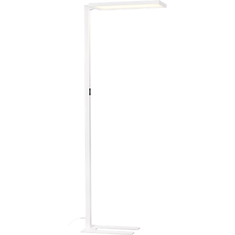 Een witte vloerlamp met een rechthoekige lichtkop, tegen een witte achtergrond. De steel is smal, de voet is rechthoekig.