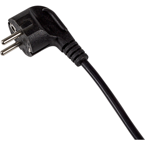 Close-up van een zwarte stekker. Twee metalen pinnen steken uit de stekker, een kabel loopt naar rechts.