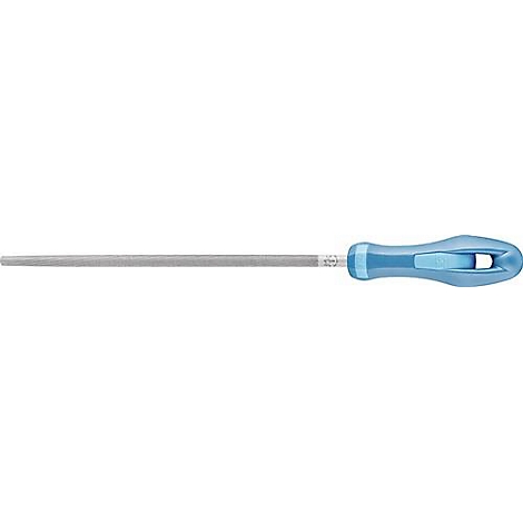 Vijl met blauw handvat, detailopname. Gereedschap voor het gladmaken van oppervlakken.