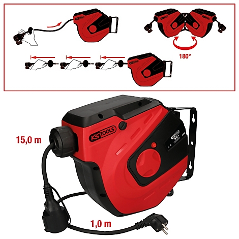 Rote und schwarze Kabeltrommel mit 15,0 m Kabel, Detailansicht mit Diagrammen. Mit KS TOOLS Logo.