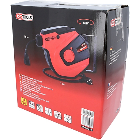 Kabeltrommel in roter und schwarzer Verpackung. Produktinformationen und Logos sind zu sehen.