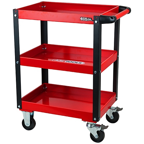Roter Werkzeugwagen mit drei Ablagen, schwarzem Gestell und Rollen. Mit Aufschrift KS Tools.