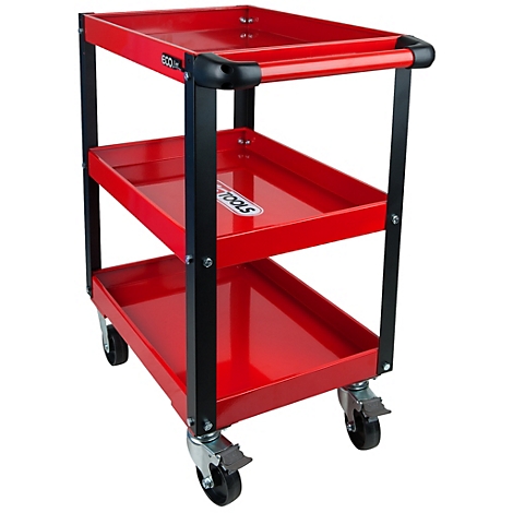 Roter Werkzeugwagen mit drei Ebenen, schwarzem Rahmen und Rollen.