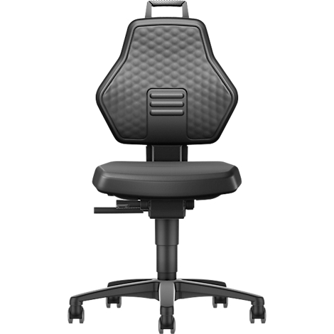 Zwarte bureaustoel, ergonomisch ontwerp. De rugleuning heeft een honingraatstructuur. Staat op wieltjes.